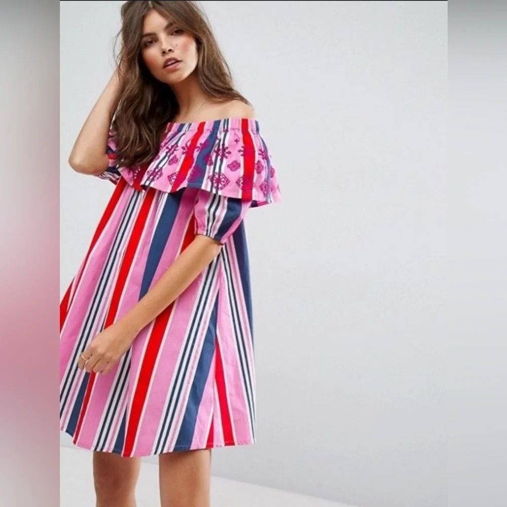 ASOS Vertical Stripe Embroidered Off the Shoulder Dress size 4